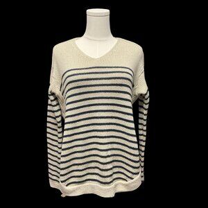 Beige/Black Stripe Knit V-Neck Sweater